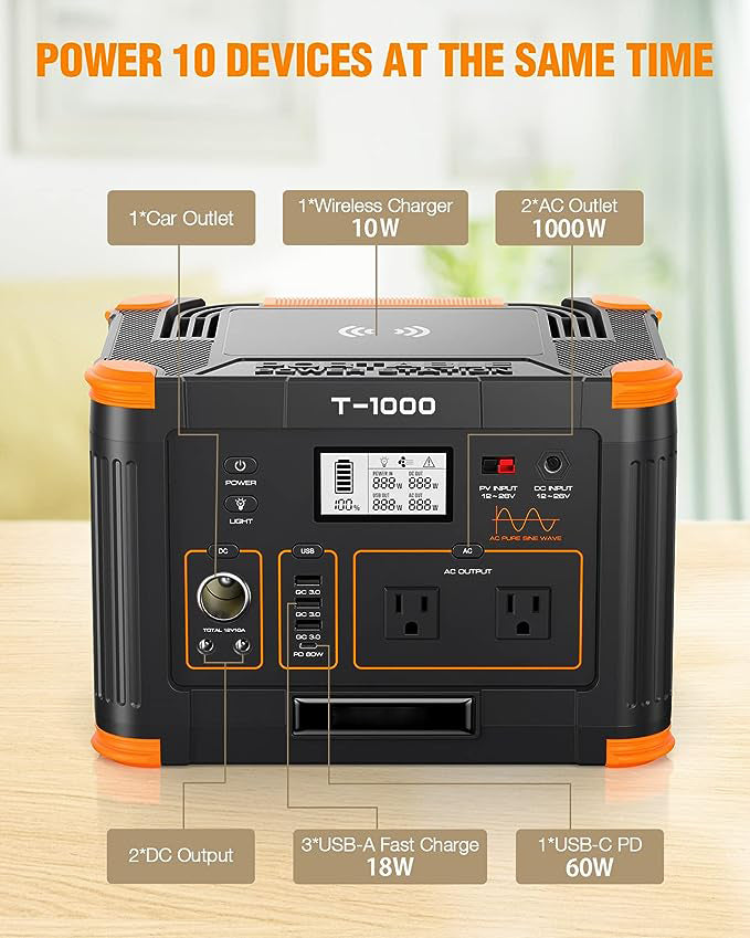 Portable Power Station 1000W with 60W USB-C PD Output, 110V Pure
